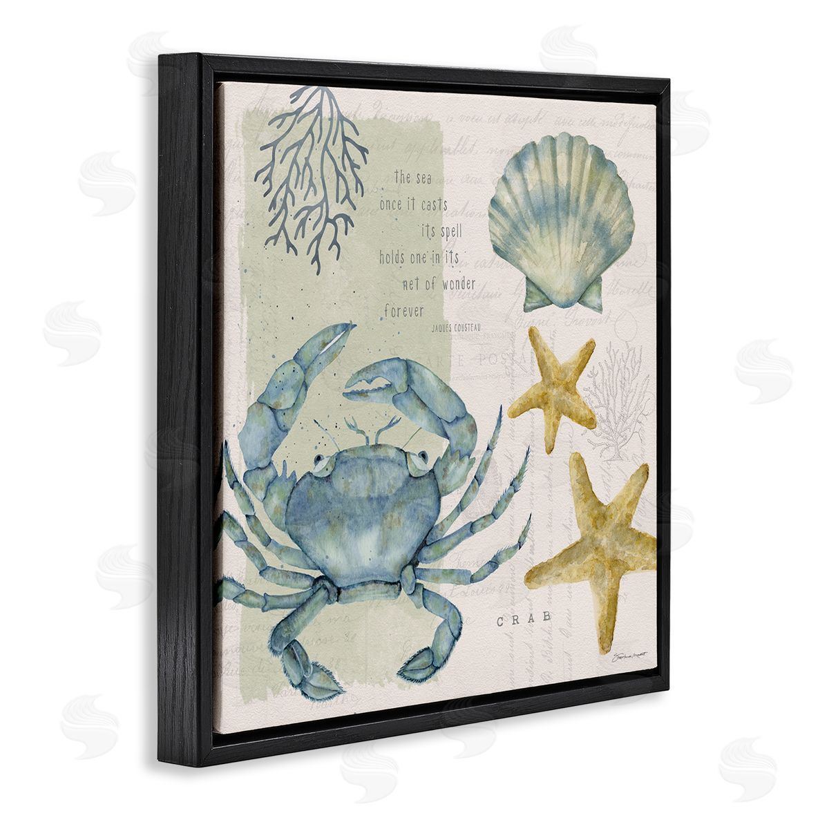 Stephanie Workman Marrott Sea Casts Its Spell Quote Blue Crab Seashells Black Floating Frame Canvas Wall Art Print