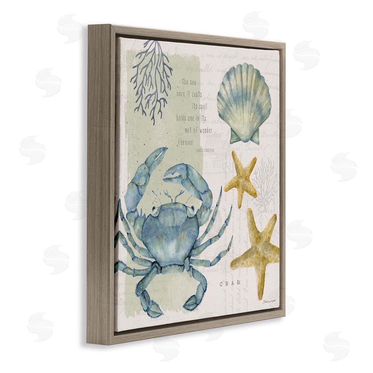 Stephanie Workman Marrott Sea Casts Its Spell Quote Blue Crab Seashells Brown Floating Frame Canvas Wall Art Print