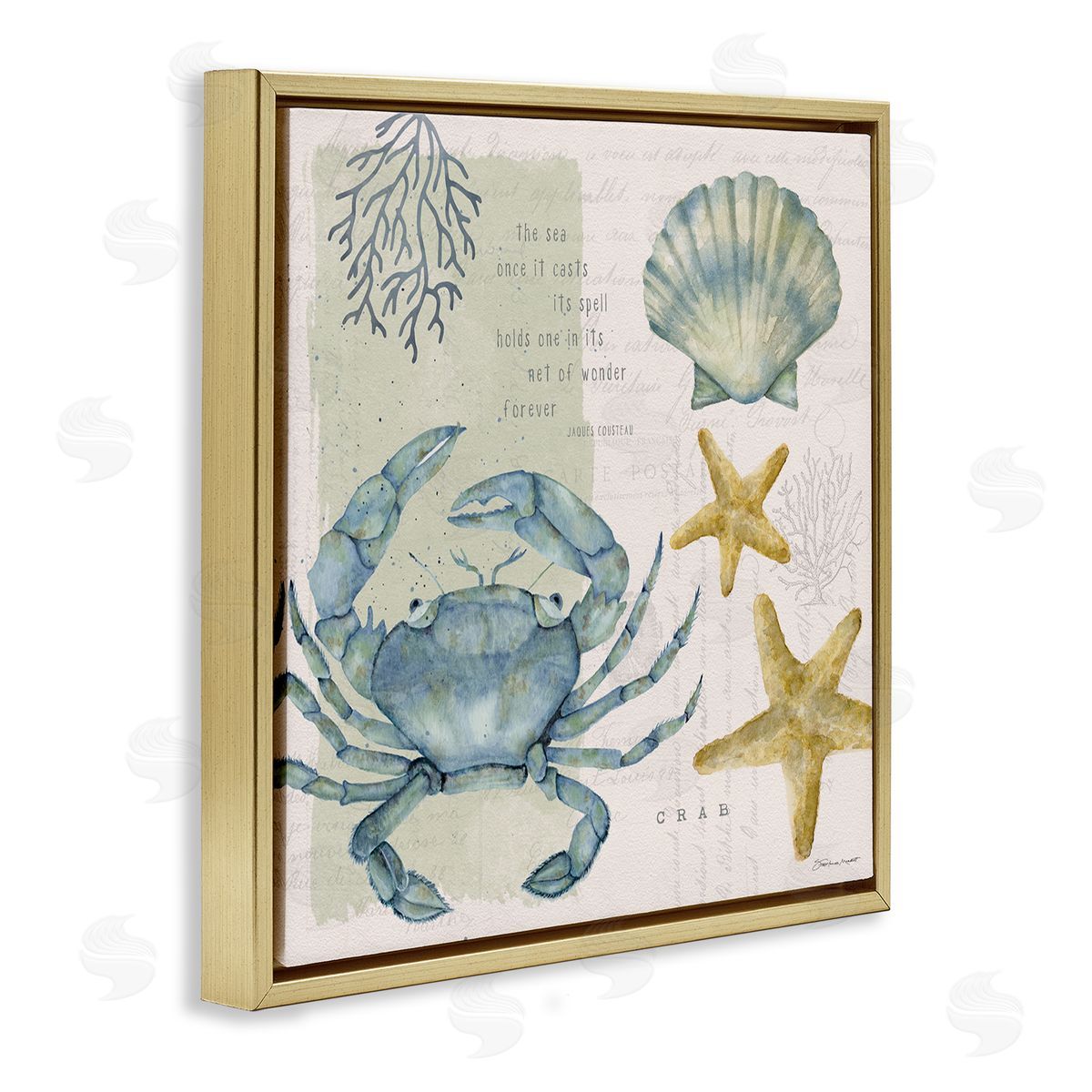 Stephanie Workman Marrott Sea Casts Its Spell Quote Blue Crab Seashells Gold Floating Frame Canvas Wall Art Print