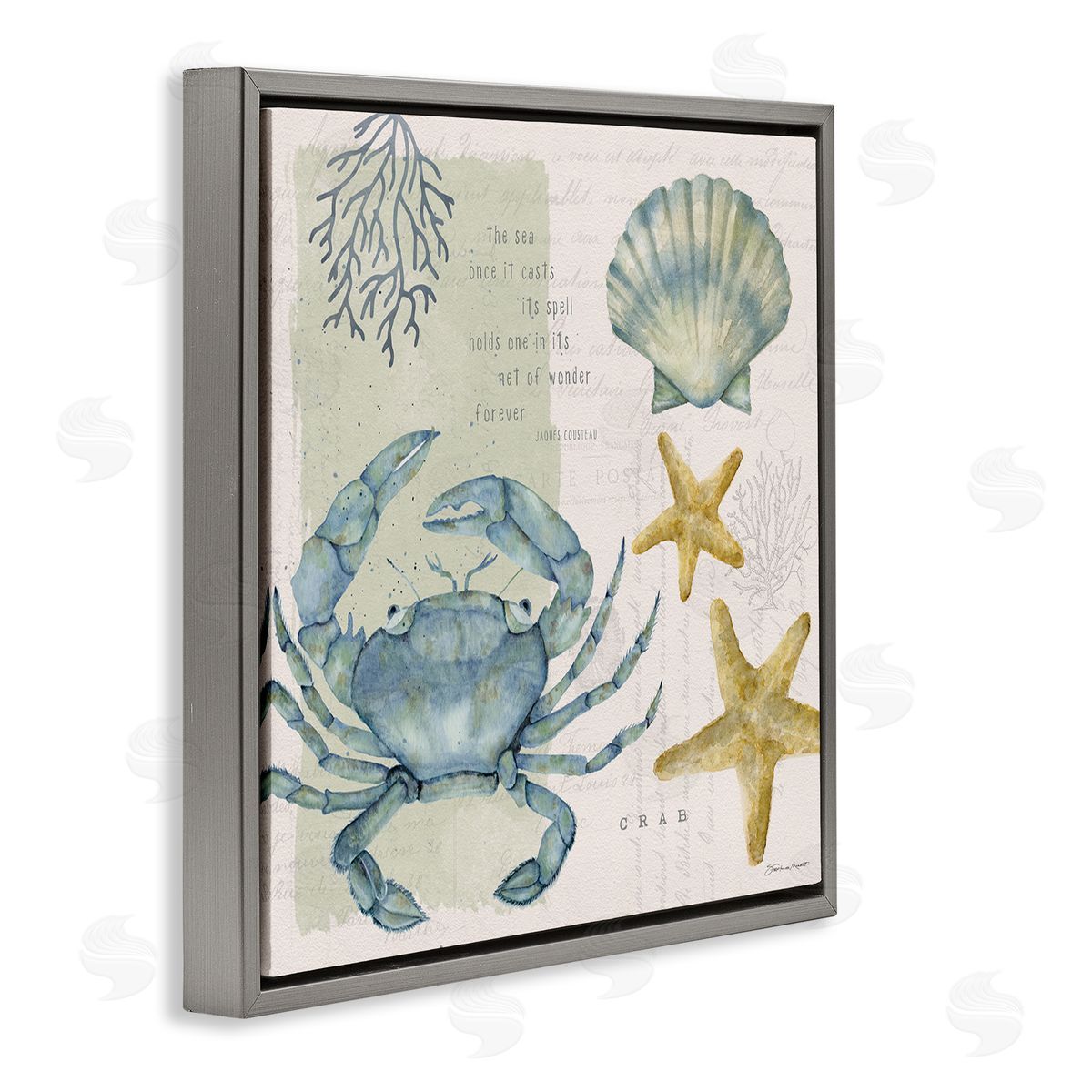 Stephanie Workman Marrott Sea Casts Its Spell Quote Blue Crab Seashells Gray Floating Frame Canvas Wall Art Print
