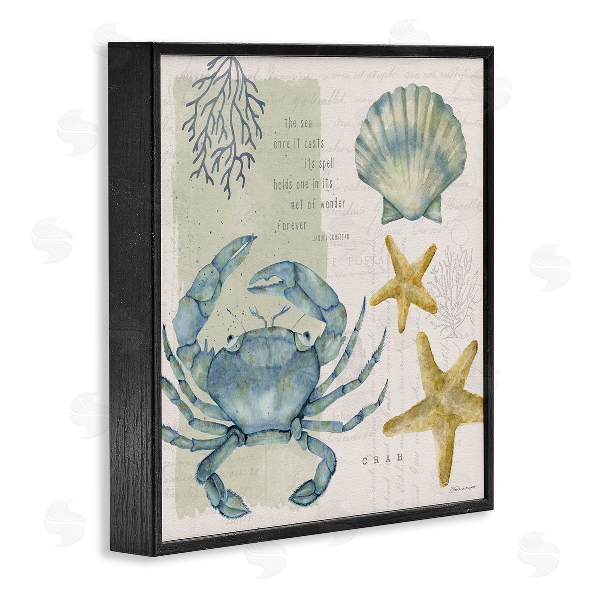Stephanie Workman Marrott Sea Casts Its Spell Quote Blue Crab Seashells Black Framed Glicee Wall Art Print