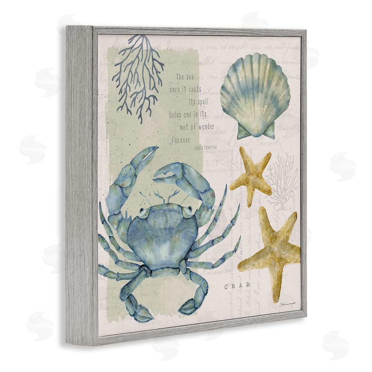 Stephanie Workman Marrott Sea Casts Its Spell Quote Blue Crab Seashells Gray Framed Glicee Wall Art Print