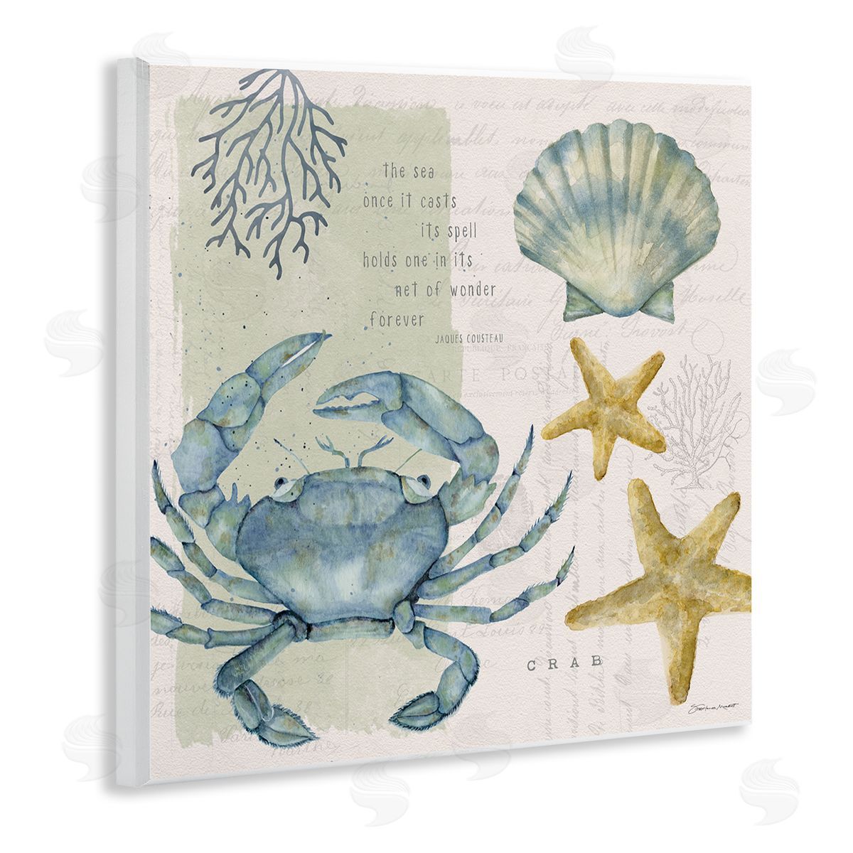 Stephanie Workman Marrott Sea Casts Its Spell Quote Blue Crab Seashells Wooden Wall Plaque Art Print