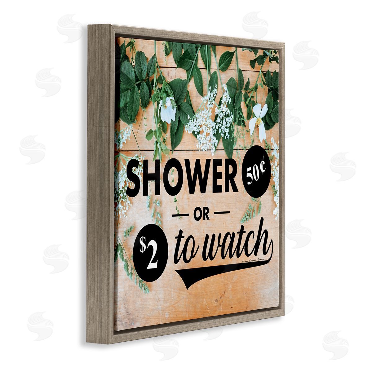 Yvonne Coleman Burney Shower Fifty Cents or Watch Funny Bathroom Flowers Brown Floating Frame Canvas Wall Art Print