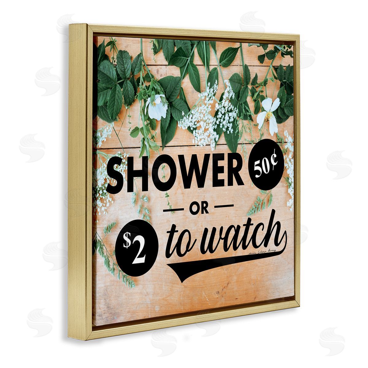 Yvonne Coleman Burney Shower Fifty Cents or Watch Funny Bathroom Flowers Gold Floating Frame Canvas Wall Art Print