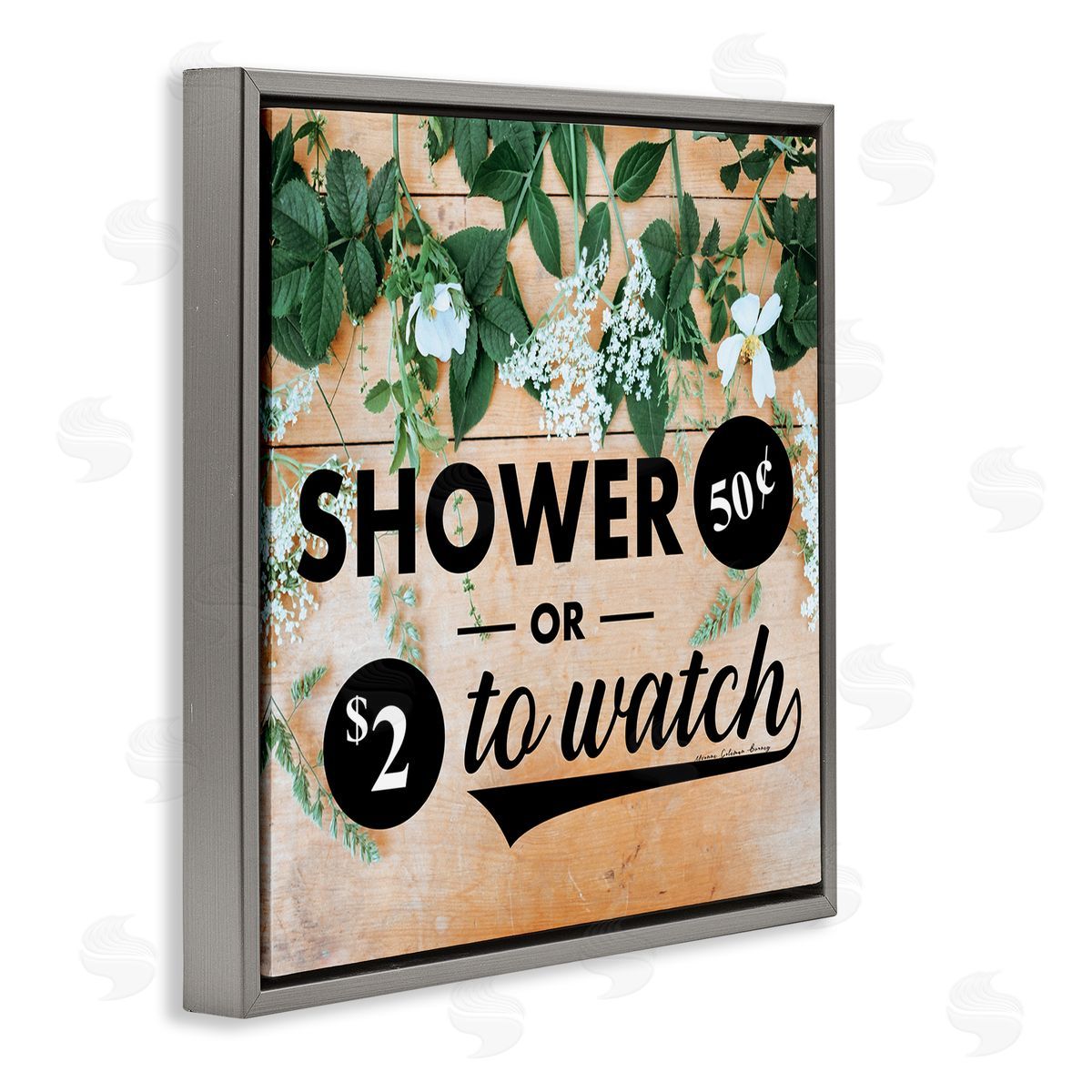 Yvonne Coleman Burney Shower Fifty Cents or Watch Funny Bathroom Flowers Gray Floating Frame Canvas Wall Art Print