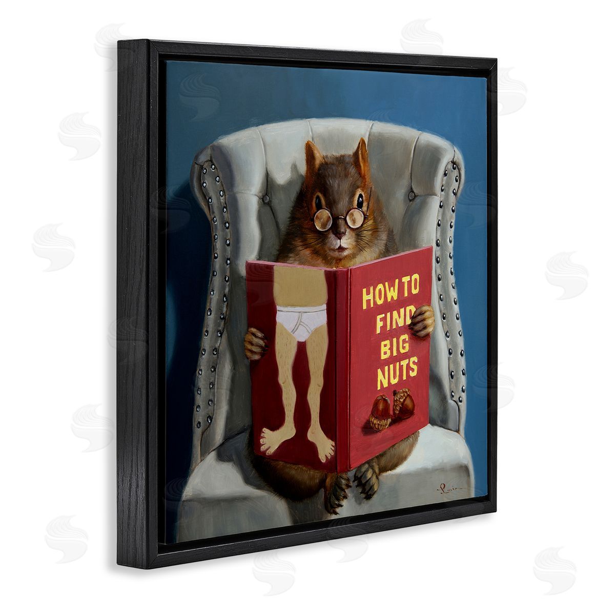 Squirrel Reading Sassy Book Black Floating Frame Canvas Wall Art, Home Decor by Lucia Heffernan