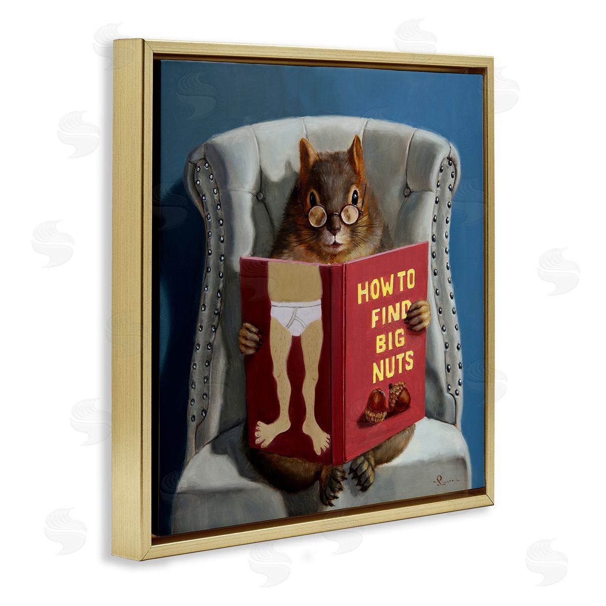 Squirrel Reading Sassy Book Gold Floating Frame Canvas Wall Art, Home Decor by Lucia Heffernan