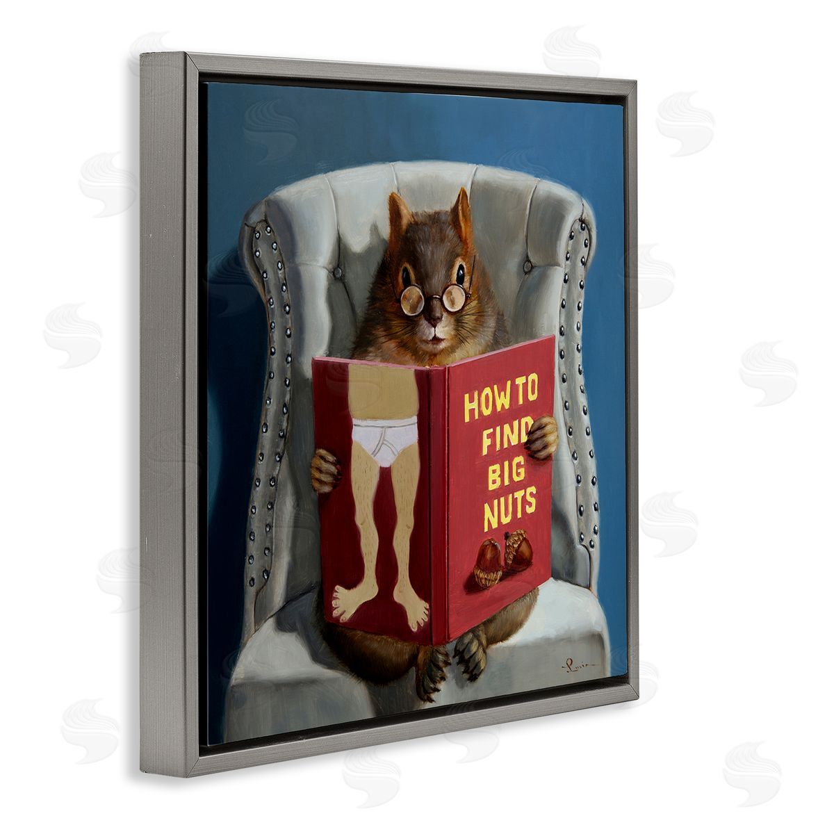Squirrel Reading Sassy Book Grey Floating Frame Canvas Wall Art, Home Decor by Lucia Heffernan
