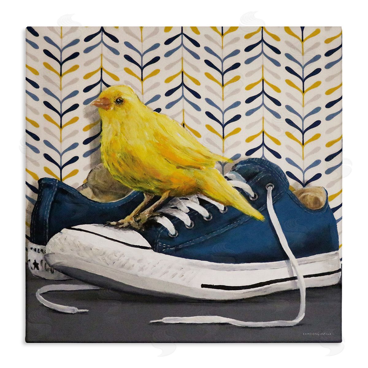 Kamdon Kreations Yellow Canary Blue Laced Sneakers Modern Abstract Pattern Stretched Canvas Wall Art Print