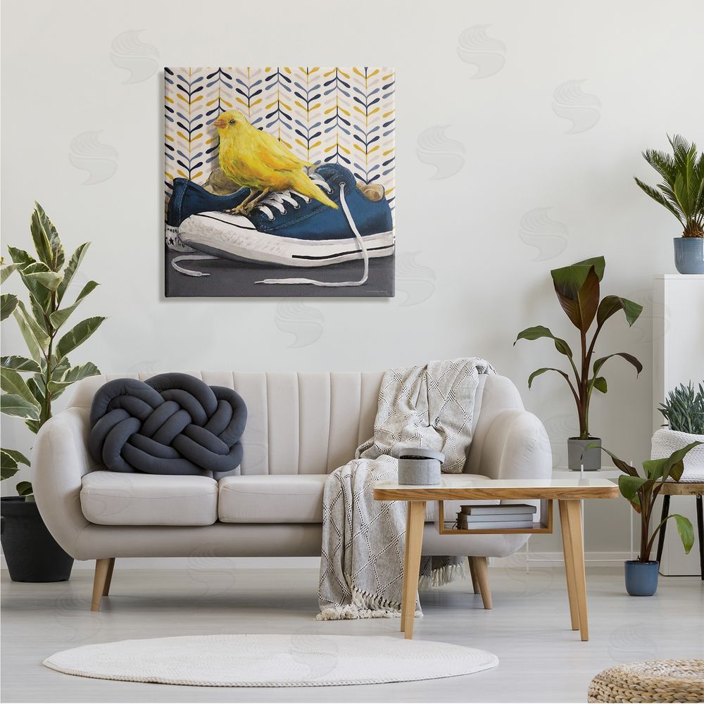 Kamdon Kreations Yellow Canary Blue Laced Sneakers Modern Abstract Pattern Canvas Wall Art in Room