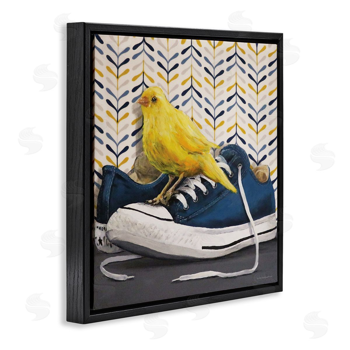 Kamdon Kreations Yellow Canary Blue Laced Sneakers Modern Abstract Pattern Black Floating Frame Canvas Wall Art Print