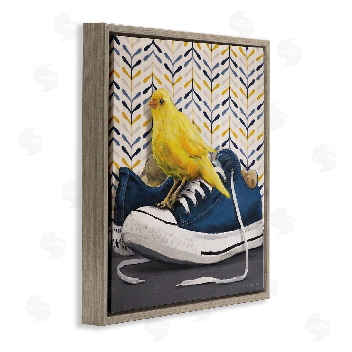 Kamdon Kreations Yellow Canary Blue Laced Sneakers Modern Abstract Pattern Brown Floating Frame Canvas Wall Art Print