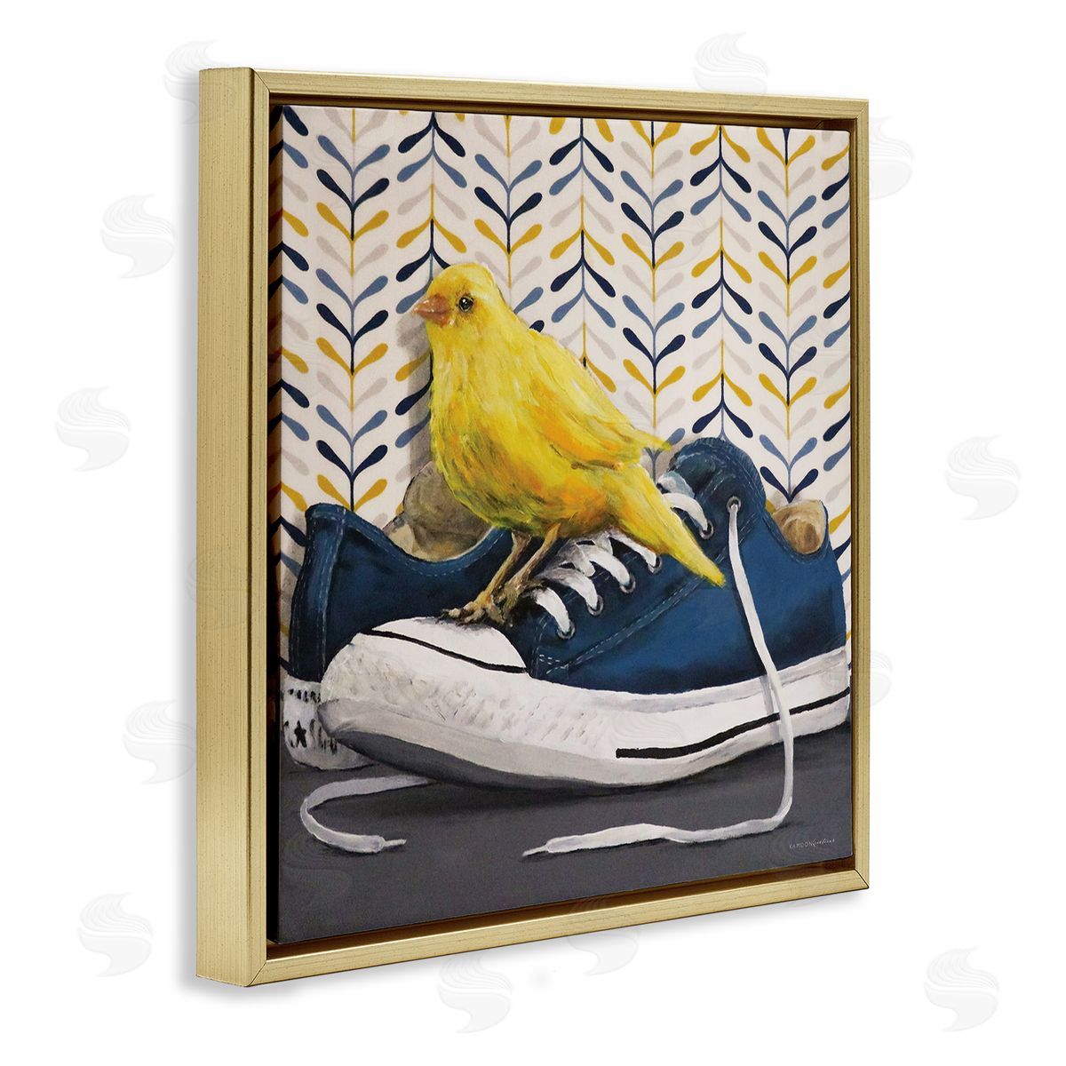 Kamdon Kreations Yellow Canary Blue Laced Sneakers Modern Abstract Pattern Gold Floating Frame Canvas Wall Art Print