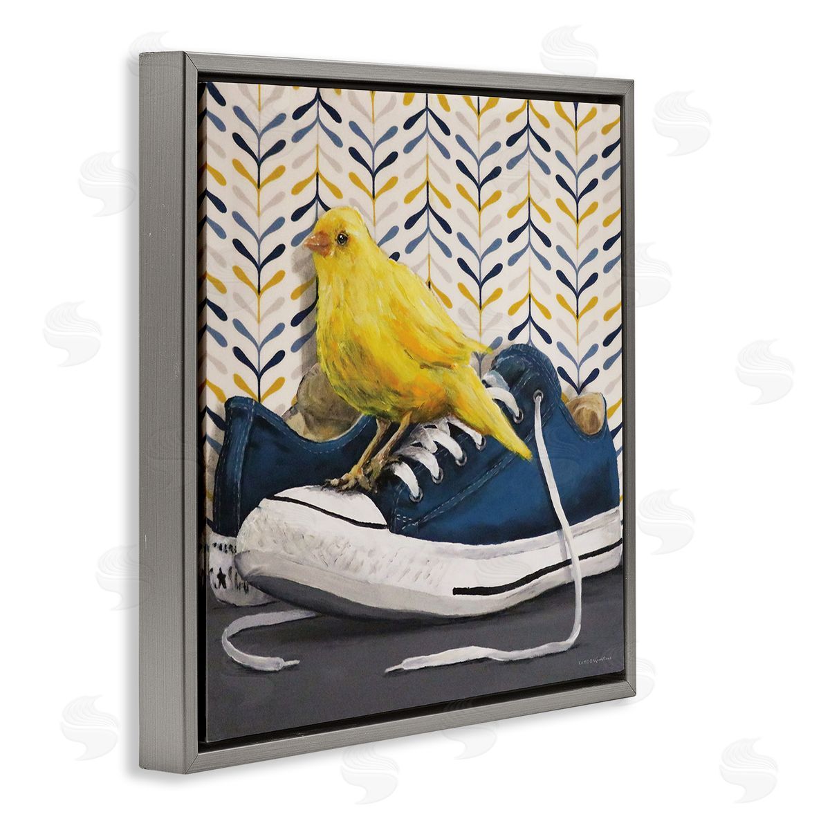 Kamdon Kreations Yellow Canary Blue Laced Sneakers Modern Abstract Pattern Gray Floating Frame Canvas Wall Art Print