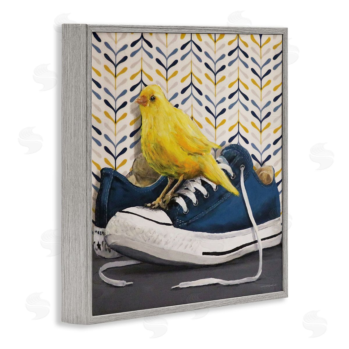 Kamdon Kreations Yellow Canary Blue Laced Sneakers Modern Abstract Pattern Gray Framed Glicee Wall Art Print