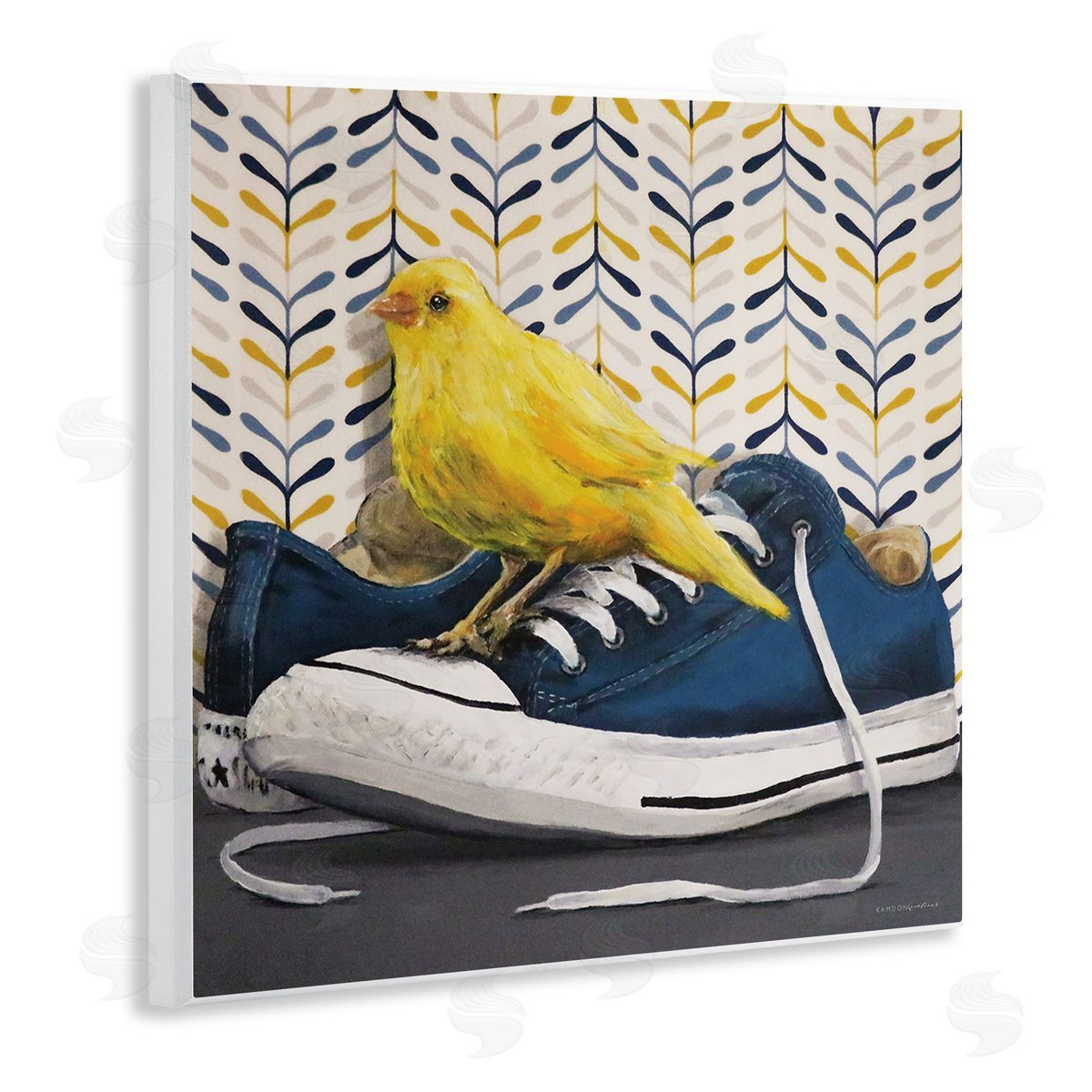 Kamdon Kreations Yellow Canary Blue Laced Sneakers Modern Abstract Pattern Wooden Wall Plaque Art Print