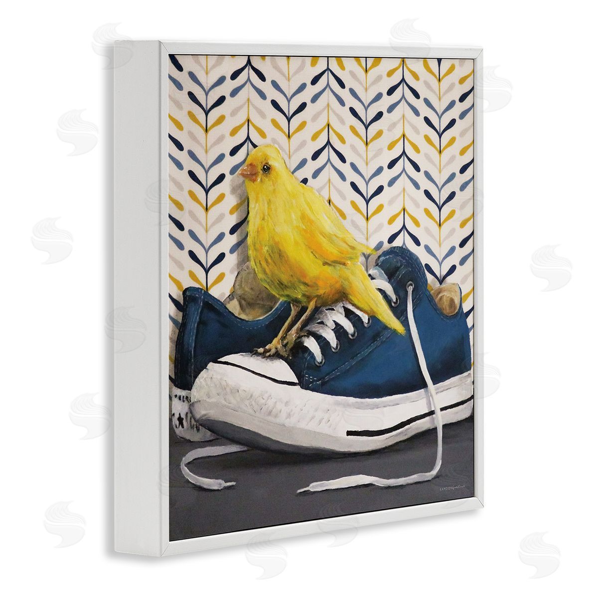 Kamdon Kreations Yellow Canary Blue Laced Sneakers Modern Abstract Pattern White Framed Glicee Wall Art Print