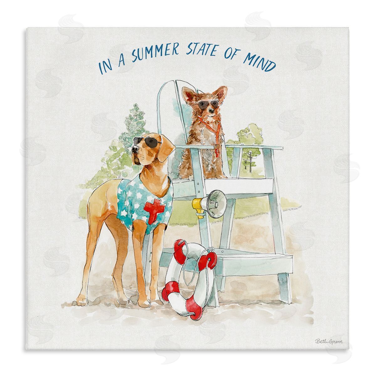 Beth Grove Summer State of Mind Phrase Summer Lifeguard Dogs Stretched Canvas Wall Art Print