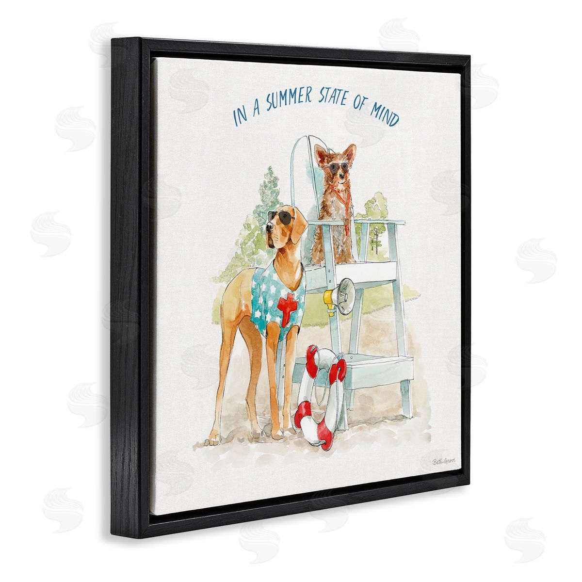 Beth Grove Summer State of Mind Phrase Summer Lifeguard Dogs Black Floating Frame Canvas Wall Art Print