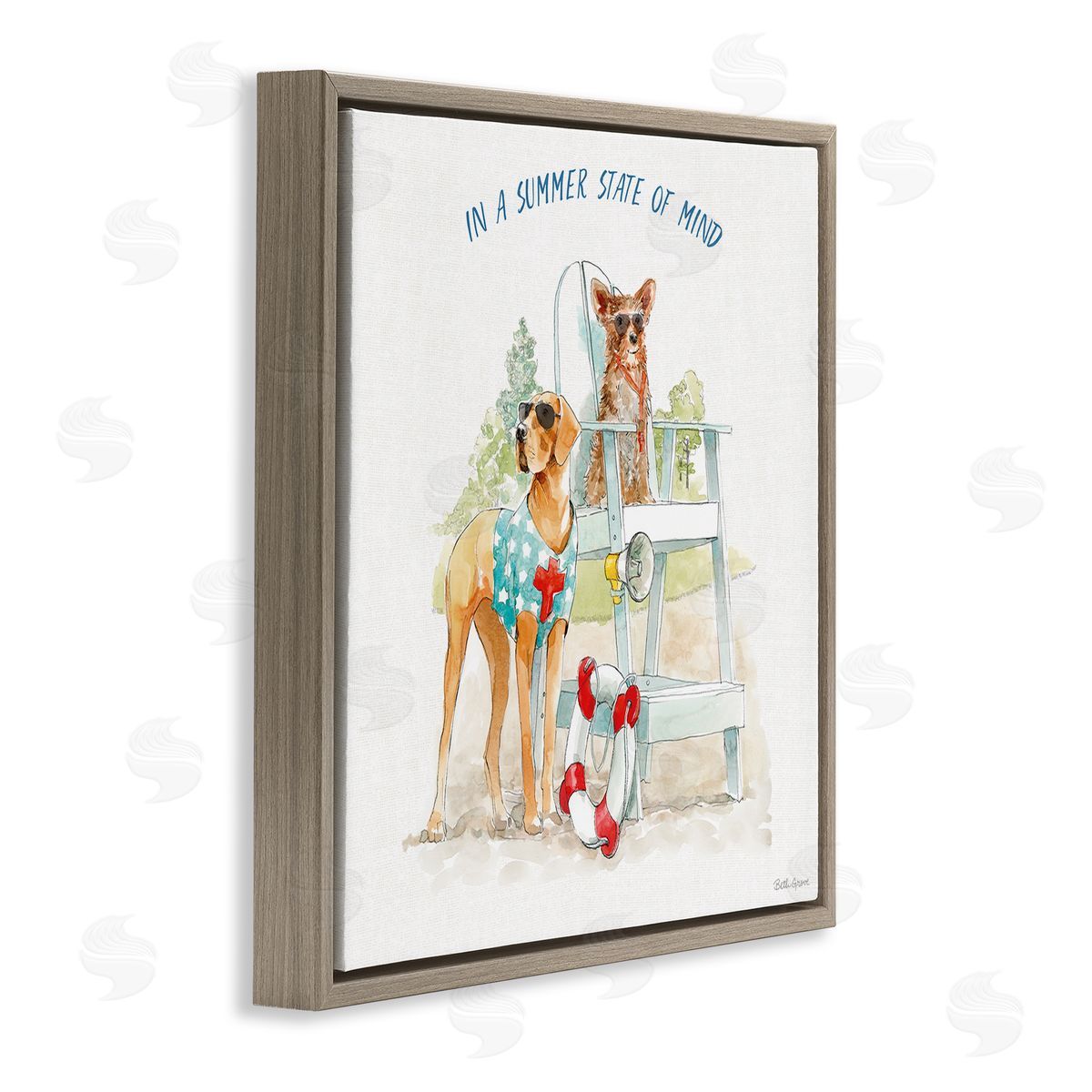 Beth Grove Summer State of Mind Phrase Summer Lifeguard Dogs Brown Floating Frame Canvas Wall Art Print