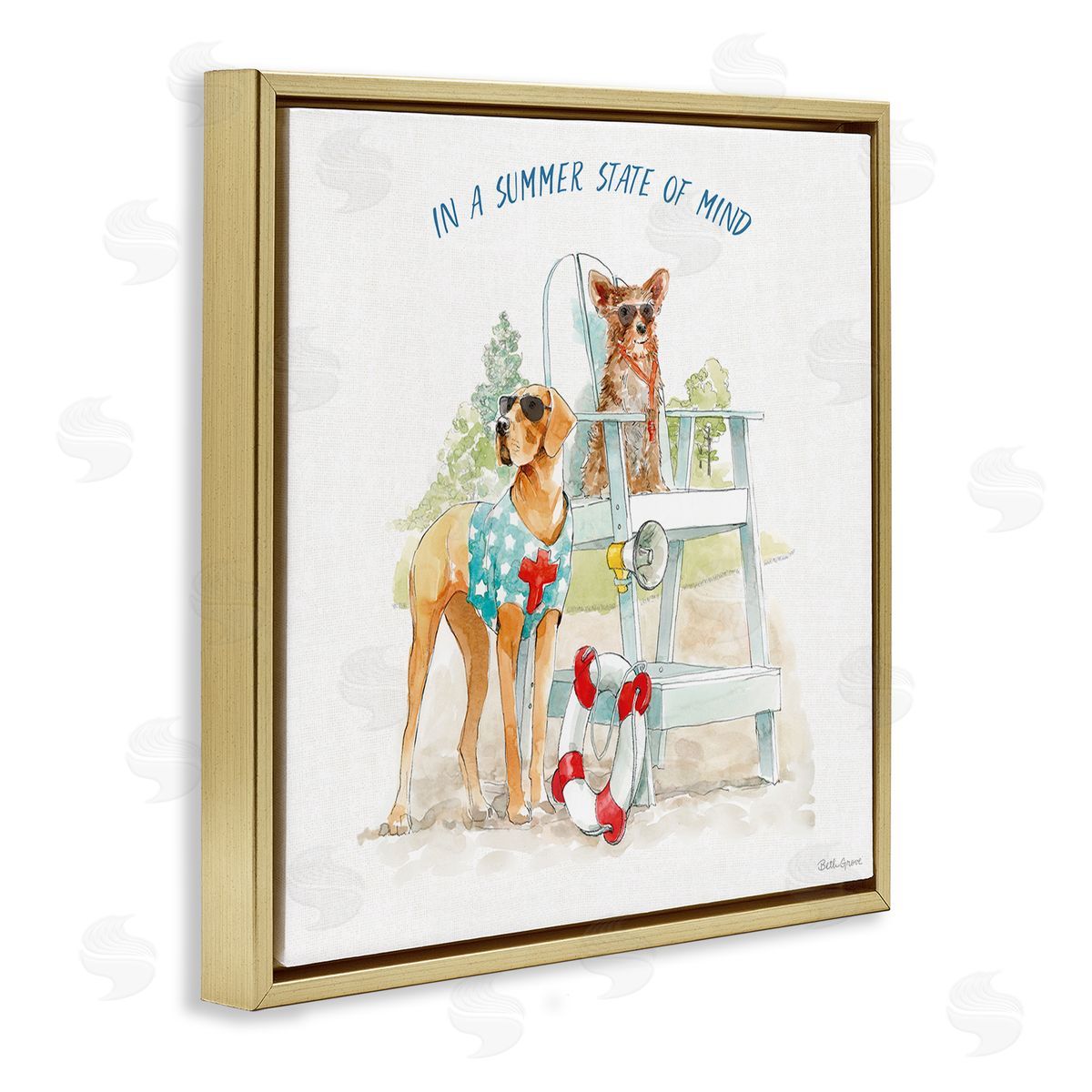 Beth Grove Summer State of Mind Phrase Summer Lifeguard Dogs Gold Floating Frame Canvas Wall Art Print