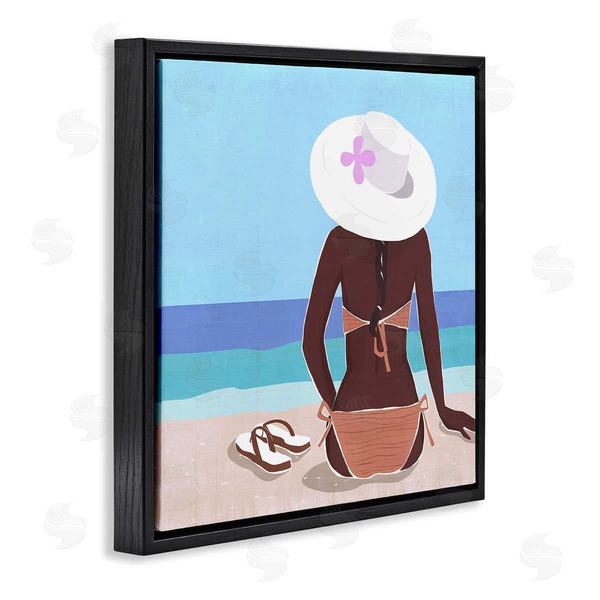 Annie Warren Woman Sitting Beachside Tropical Warm Summer Coast Black Floating Frame Canvas Wall Art Print