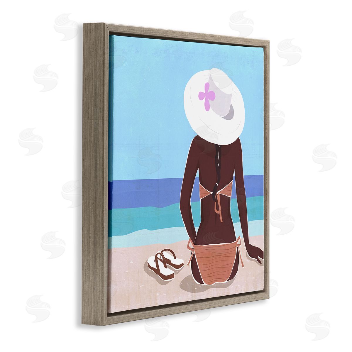 Annie Warren Woman Sitting Beachside Tropical Warm Summer Coast Brown Floating Frame Canvas Wall Art Print