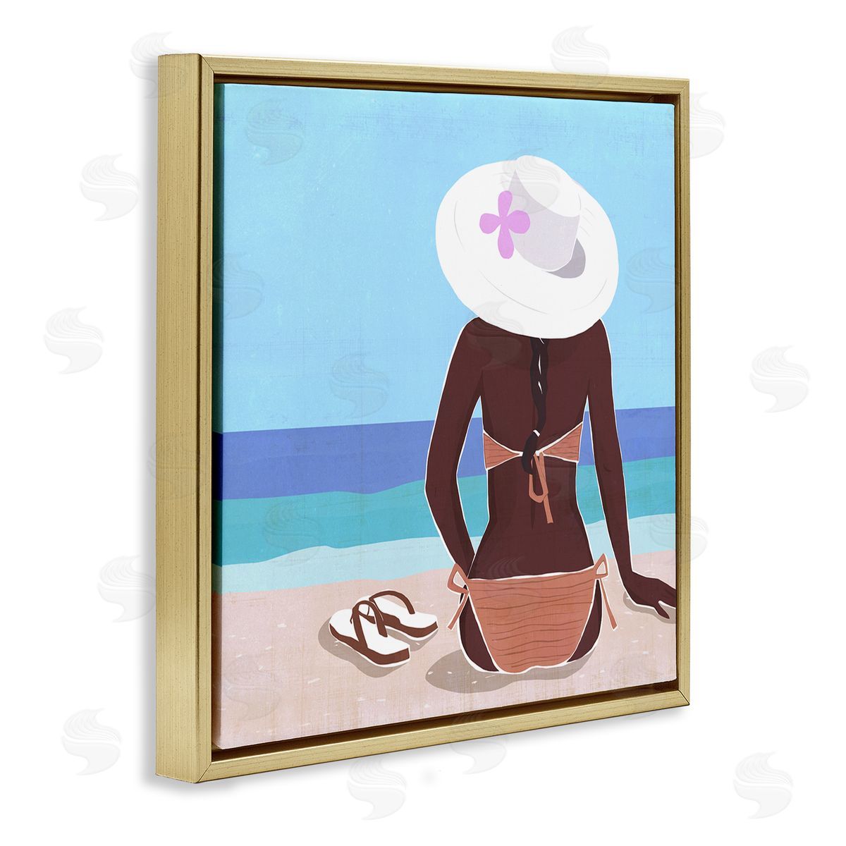 Annie Warren Woman Sitting Beachside Tropical Warm Summer Coast Gold Floating Frame Canvas Wall Art Print