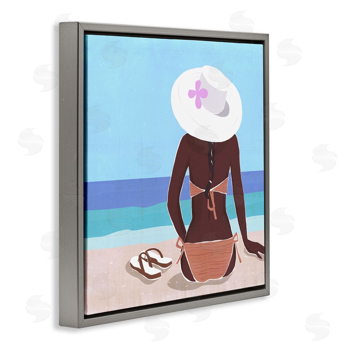 Annie Warren Woman Sitting Beachside Tropical Warm Summer Coast Gray Floating Frame Canvas Wall Art Print