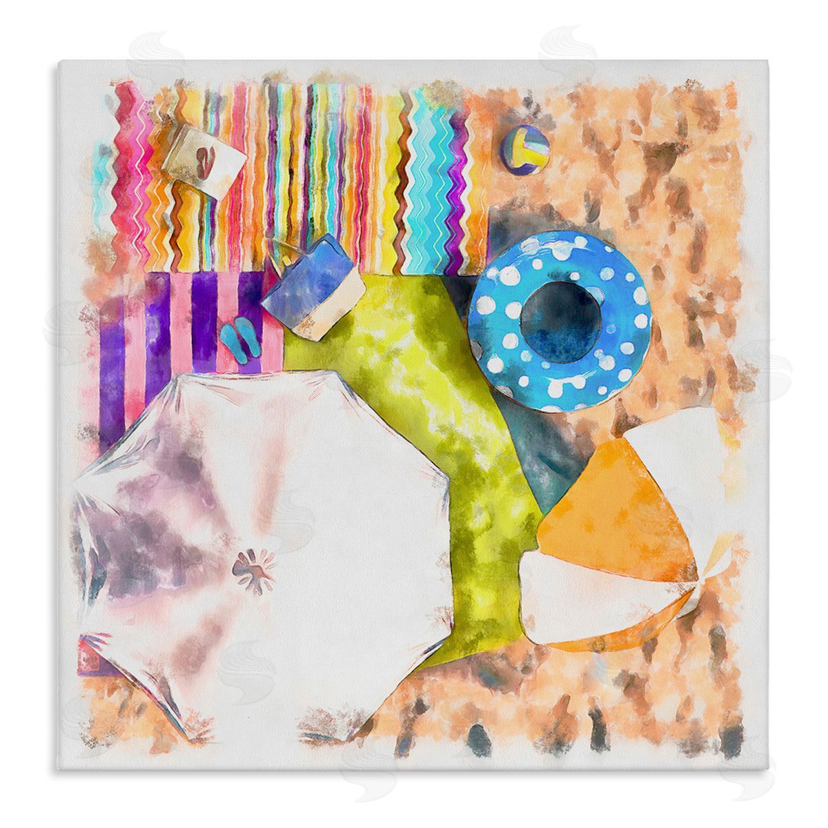 Alonzo Saunders Tropical Beach Lounge Scene Summer Umbrellas Floats Towels Stretched Canvas Wall Art Print