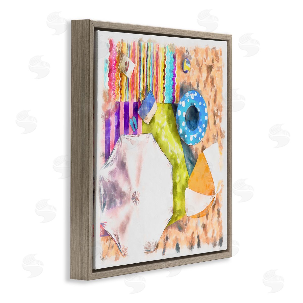 Alonzo Saunders Tropical Beach Lounge Scene Summer Umbrellas Floats Towels Brown Floating Frame Canvas Wall Art Print