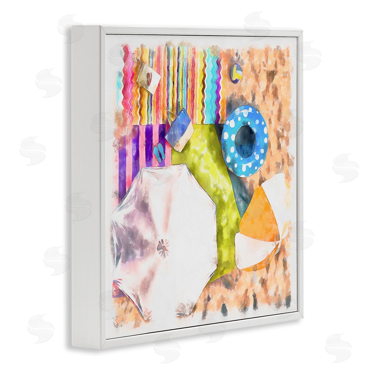 Alonzo Saunders Tropical Beach Lounge Scene Summer Umbrellas Floats Towels White Framed Glicee Wall Art Print