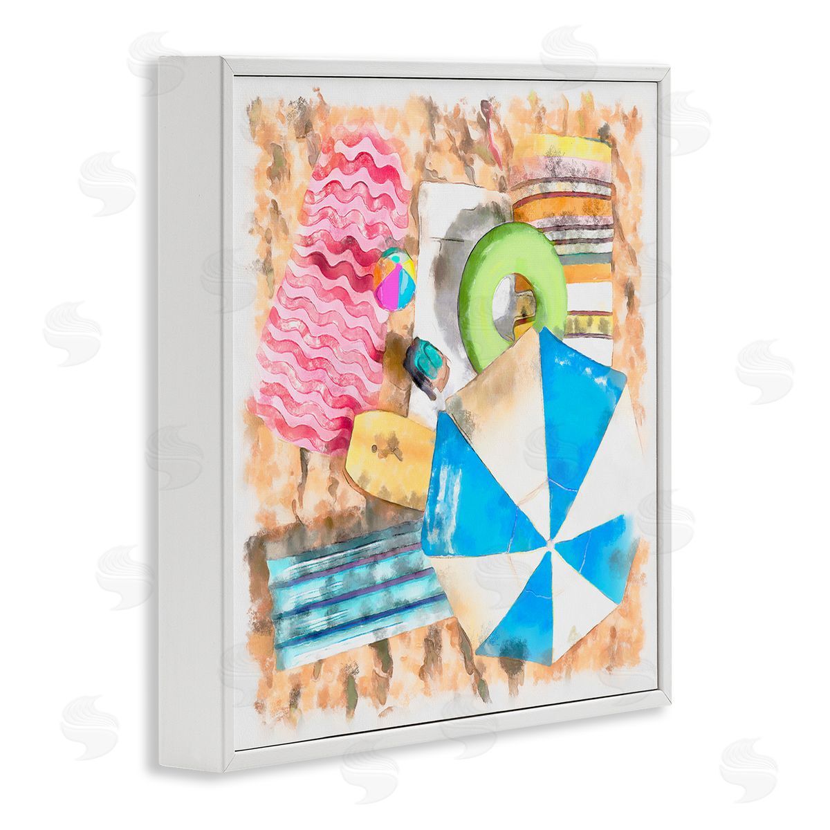 Alonzo Saunders Tropical Summer Beach Lounge Towel Umbrella Floats White Framed Glicee Wall Art Print