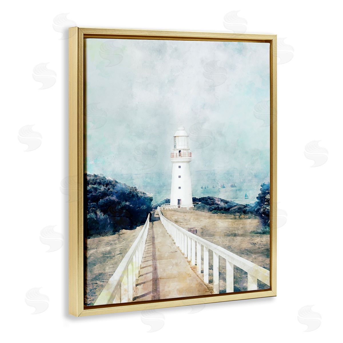 White Lighthouse & Rustic Boardwalk Gold Floating Frame Canvas Wall Art, Home Decor by Ziwei Li