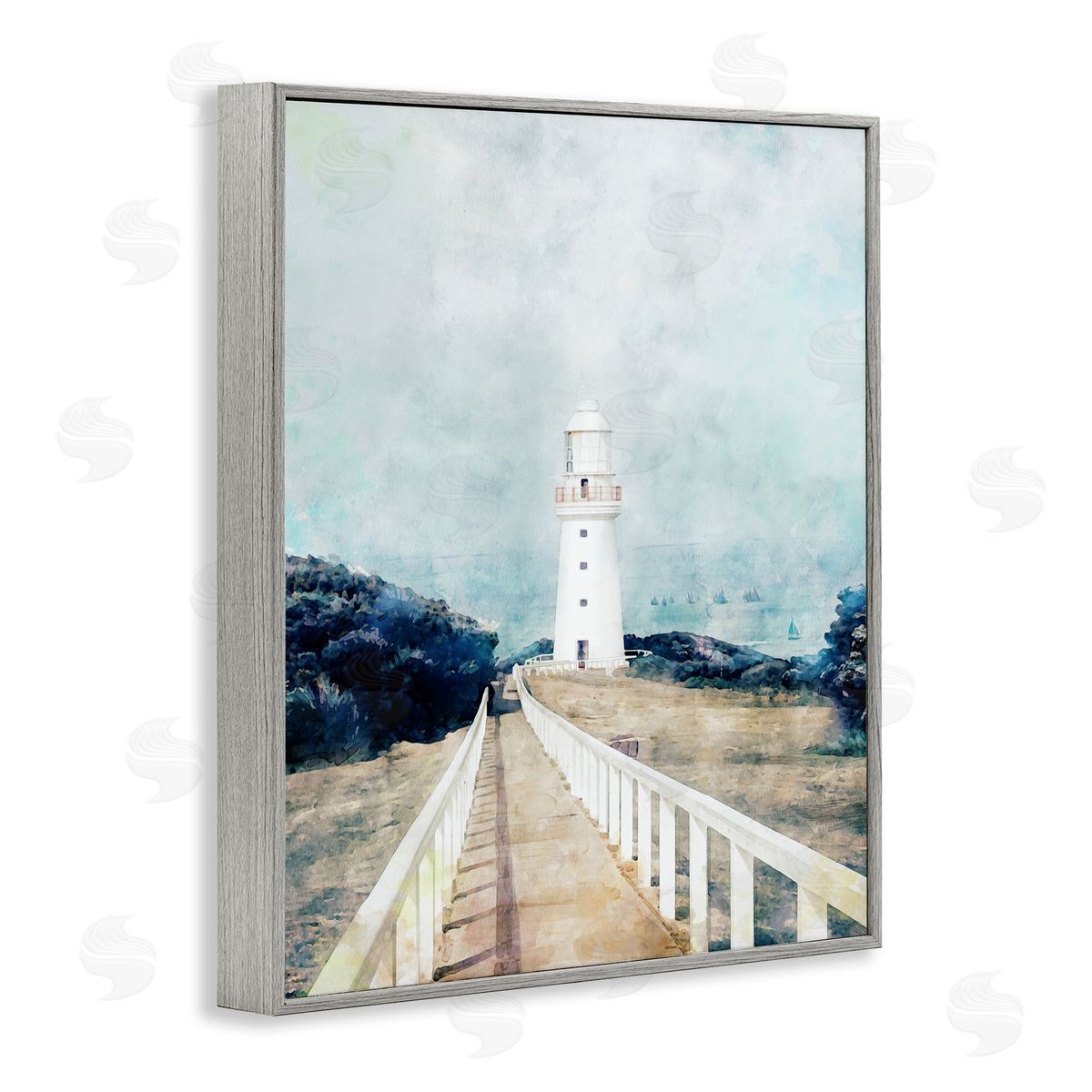 White Lighthouse & Rustic Boardwalk Grey Frame Print Wall Art, Home Decor by Ziwei Li