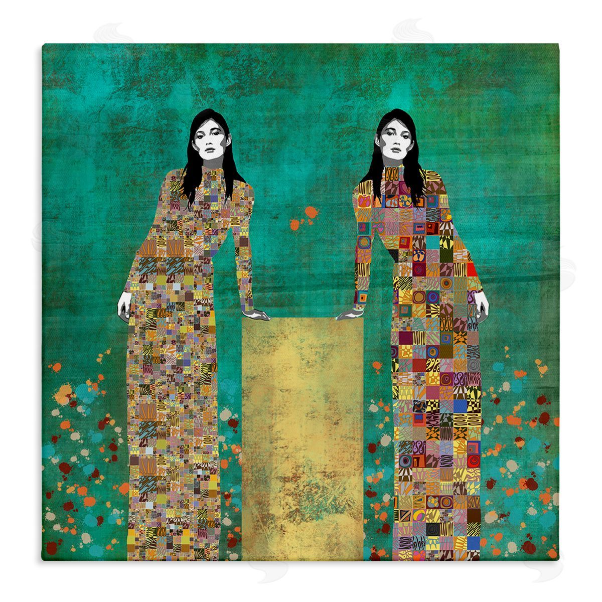 Jose Cacho Twin Women Leaning Modern Abstract Portrait Mosaic Pattern Stretched Canvas Wall Art Print