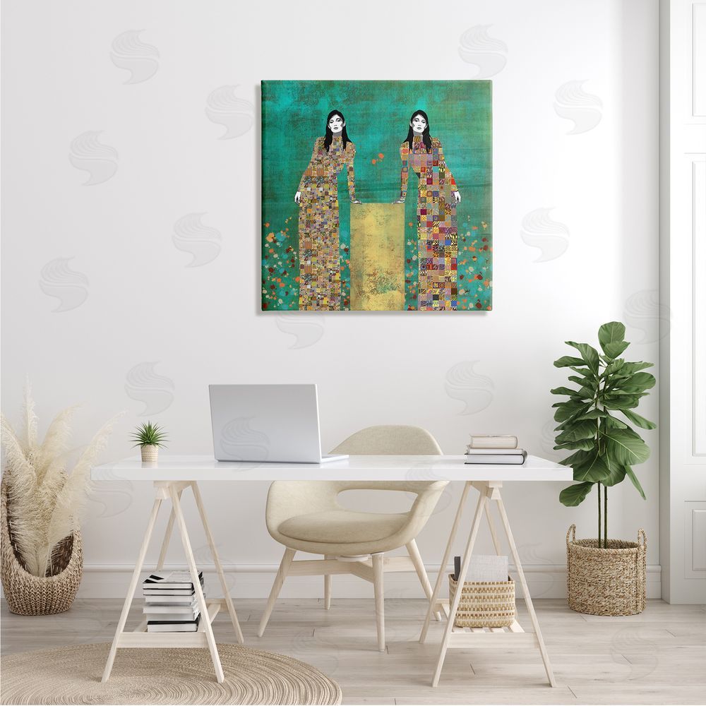 Jose Cacho Twin Women Leaning Modern Abstract Portrait Mosaic Pattern Canvas Wall Art in Room