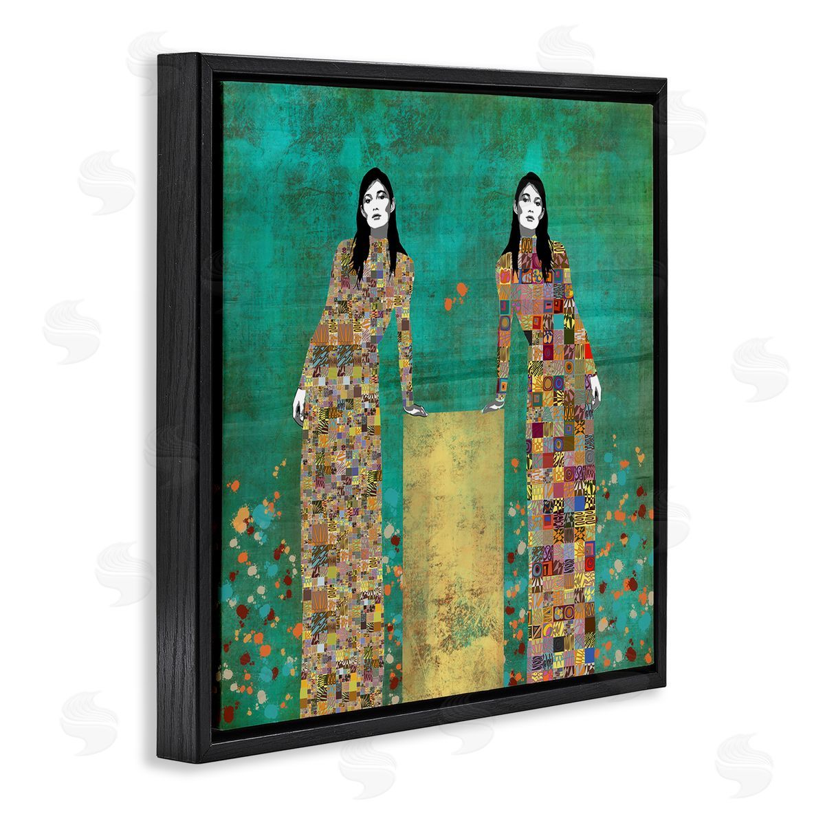 Jose Cacho Twin Women Leaning Modern Abstract Portrait Mosaic Pattern Black Floating Frame Canvas Wall Art Print