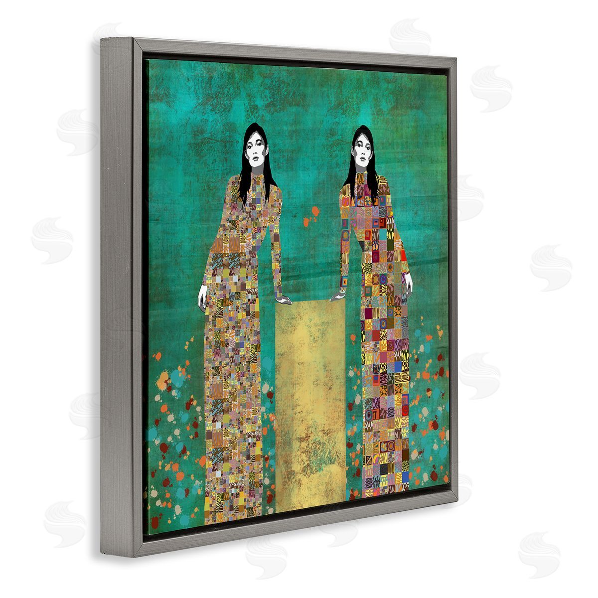 Jose Cacho Twin Women Leaning Modern Abstract Portrait Mosaic Pattern Gray Floating Frame Canvas Wall Art Print