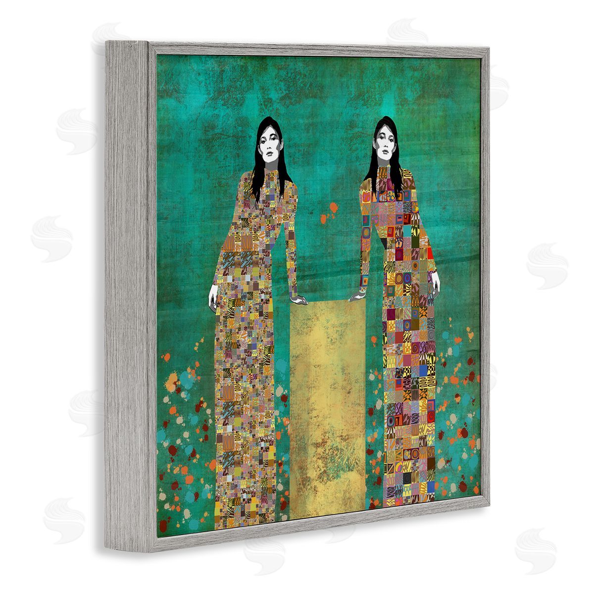 Jose Cacho Twin Women Leaning Modern Abstract Portrait Mosaic Pattern Gray Framed Glicee Wall Art Print
