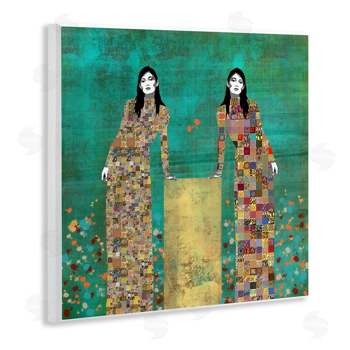 Jose Cacho Twin Women Leaning Modern Abstract Portrait Mosaic Pattern Wooden Wall Plaque Art Print