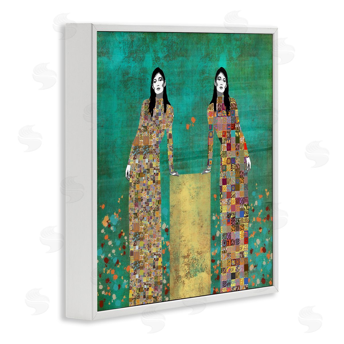 Jose Cacho Twin Women Leaning Modern Abstract Portrait Mosaic Pattern White Framed Glicee Wall Art Print