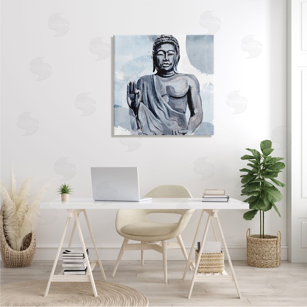 Annie Warren Teaching Buddha Pose Wisdom Motivational Abstract Blue Pattern Canvas Wall Art in Room