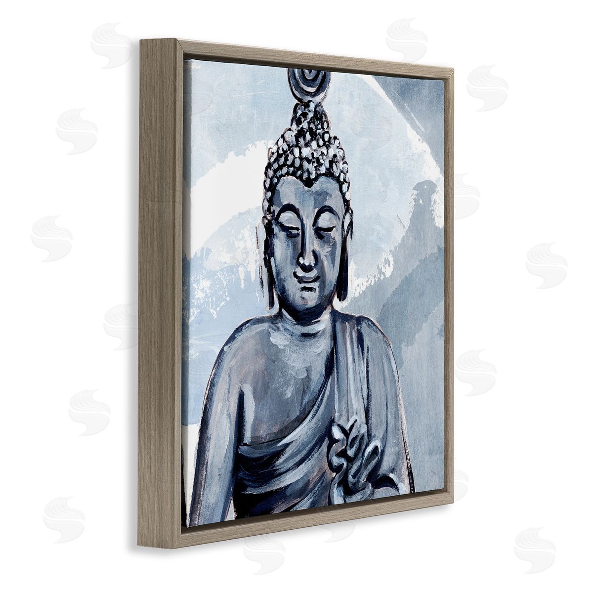 Annie Warren Tranquil Smile Buddha Portrait Soft Blue Abstract Pattern Brown Floating Frame Canvas Wall Art Print
