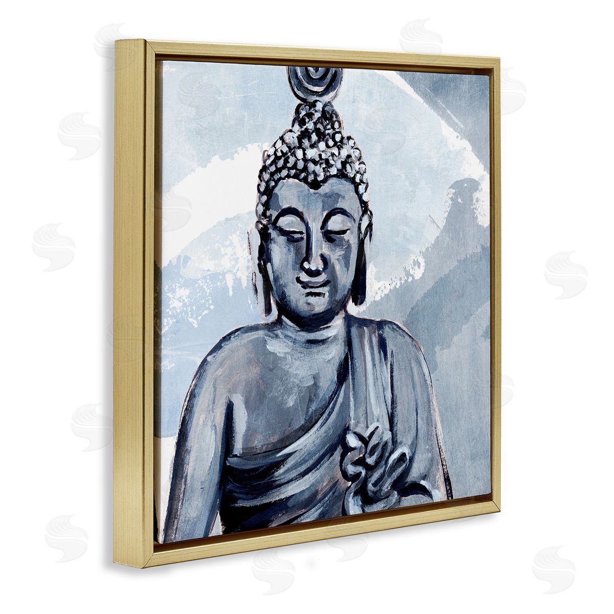 Annie Warren Tranquil Smile Buddha Portrait Soft Blue Abstract Pattern Gold Floating Frame Canvas Wall Art Print