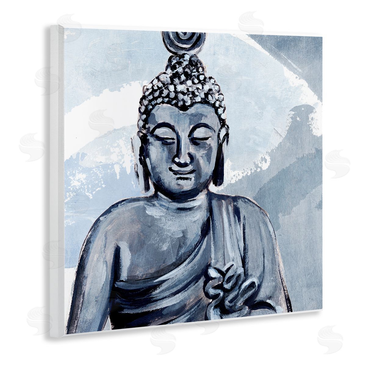 Annie Warren Tranquil Smile Buddha Portrait Soft Blue Abstract Pattern Wooden Wall Plaque Art Print