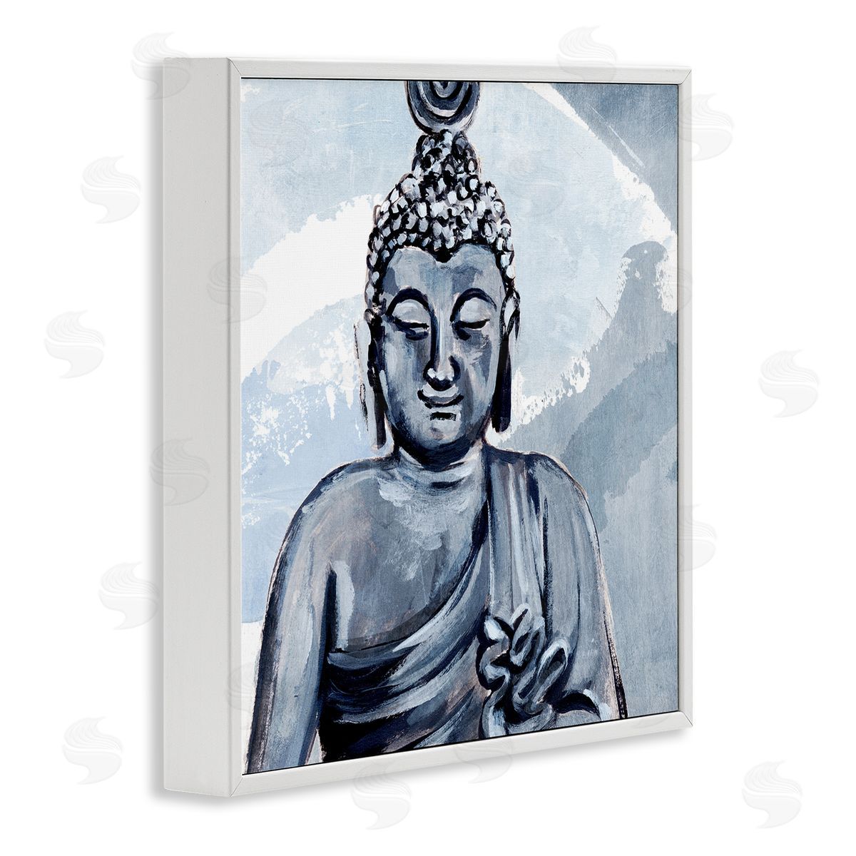 Annie Warren Tranquil Smile Buddha Portrait Soft Blue Abstract Pattern White Framed Glicee Wall Art Print