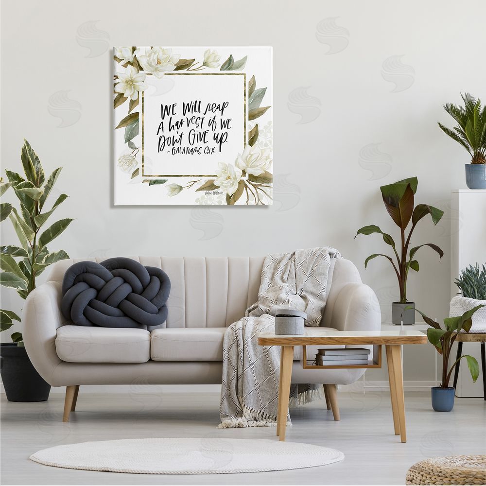 Valerie Wieners We Will Reap Galatians Six Sentiment White Flowers Canvas Wall Art in Room