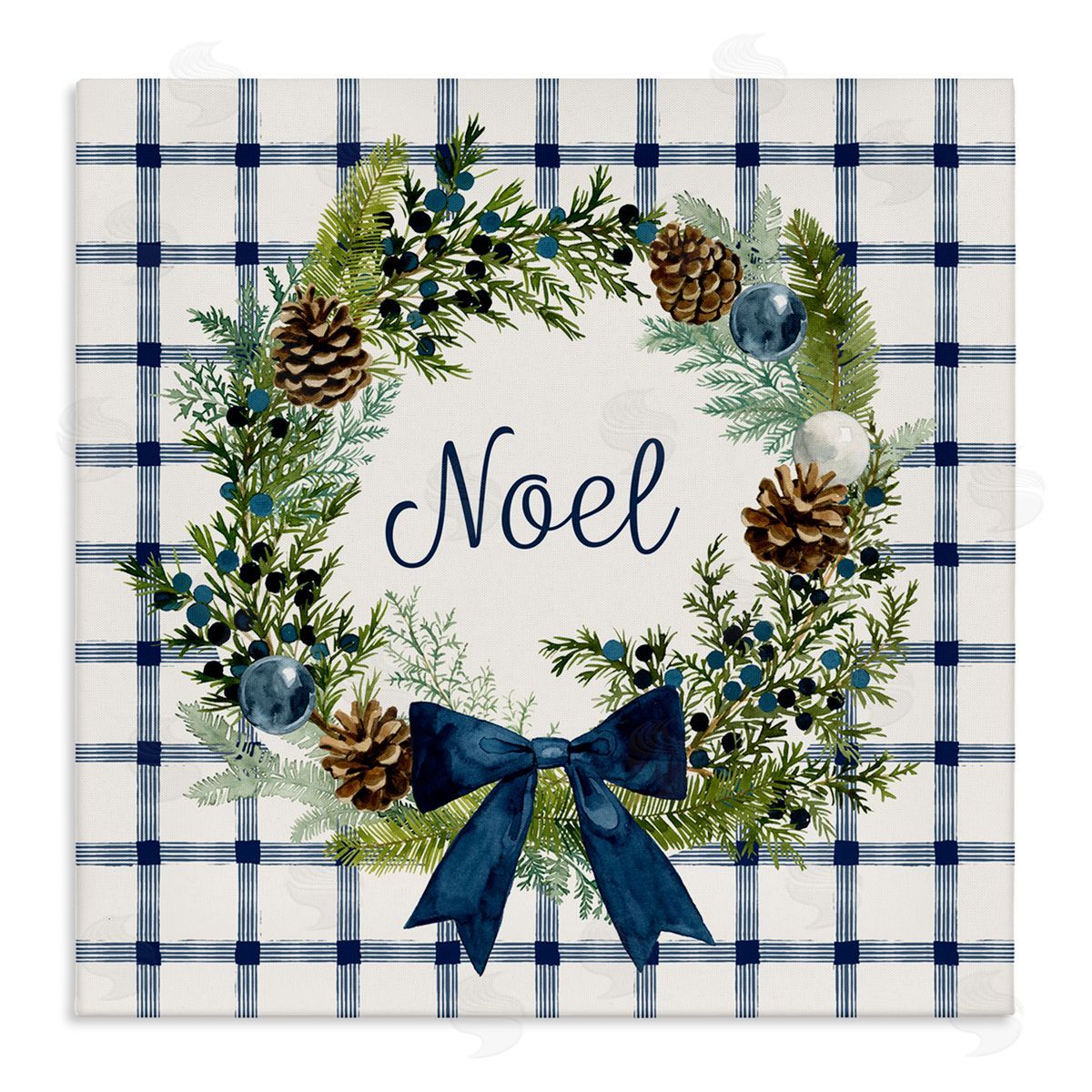 Victoria Barnes Winter Noel Sentiment Pinecone Wreath Blue Plaid Stretched Canvas Wall Art Print